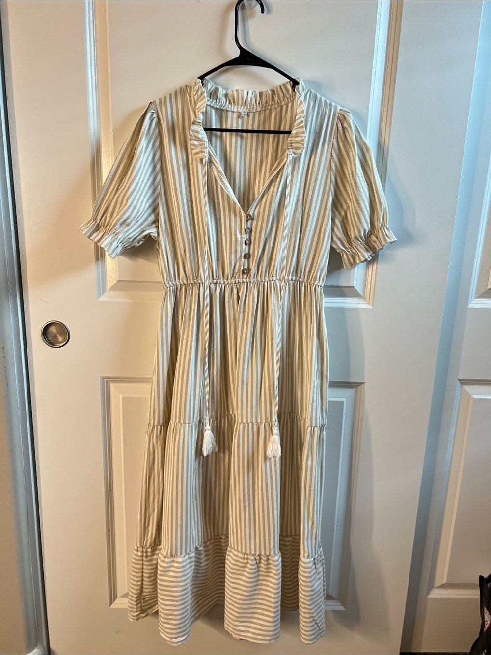 Striped Cream and Beige Ruffle Neck Maxi Dress cottage core barn lifestyle